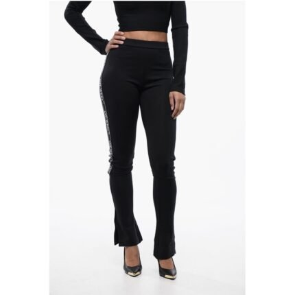 Off-White Solid Color Leggings with Side Logoed Band and Ankle Slit