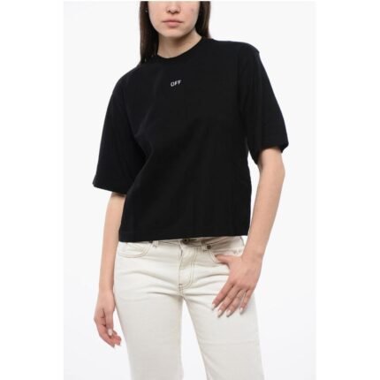 Off-White Cropped Crew-neck T-shirt with Bck Maxi Embroidery