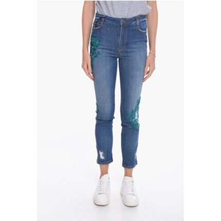 Ermanno Scervino Distressed Slim-fit Denims with Velour Appliqué 15cm
