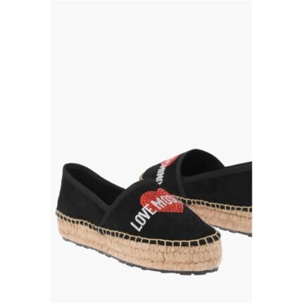 Moschino LOVE Suede Split Leather Platform Espadrilles with Strass Lo